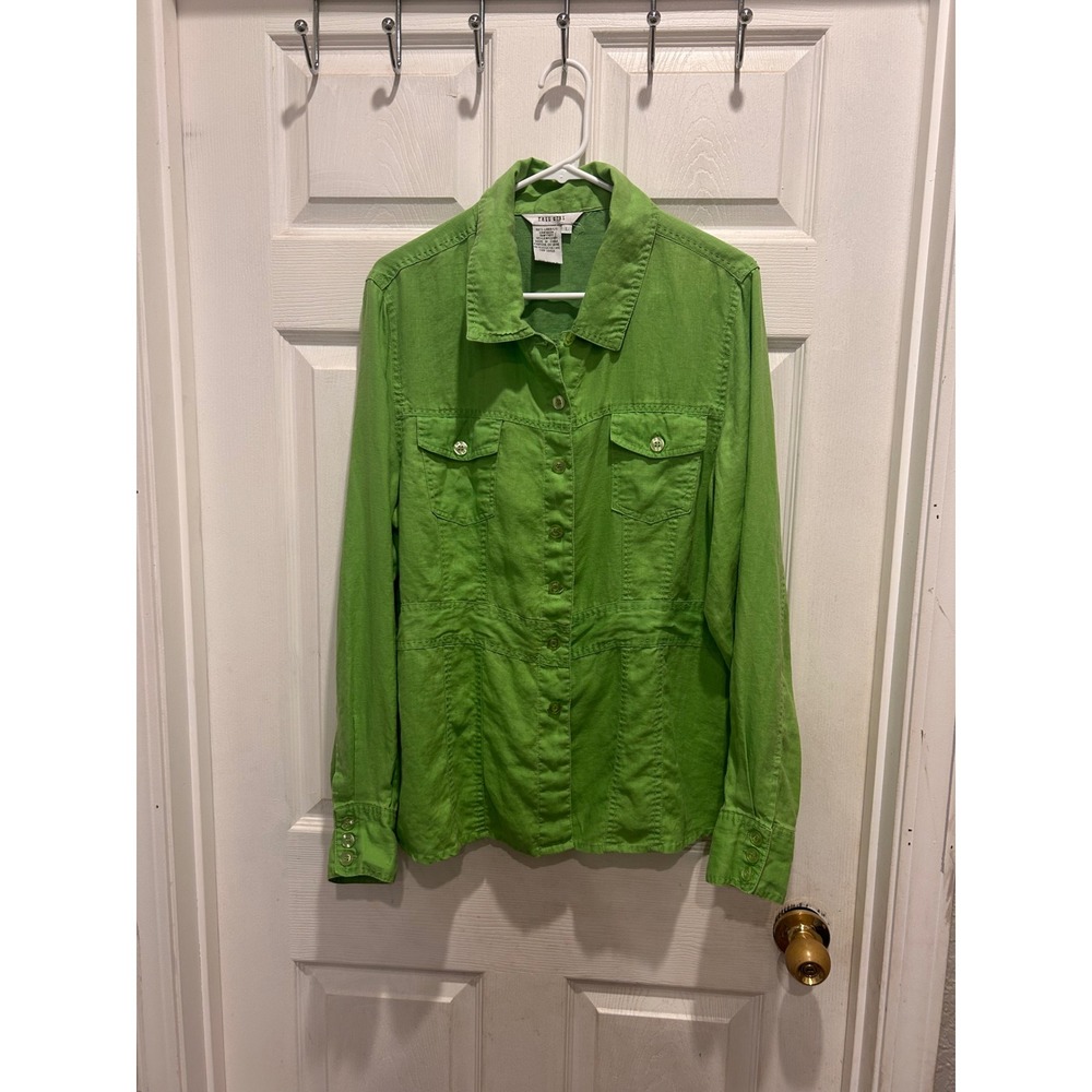 Tall Girl Lime Green 100% Linen Button Down Utility Shirt Jacket Large L Tall